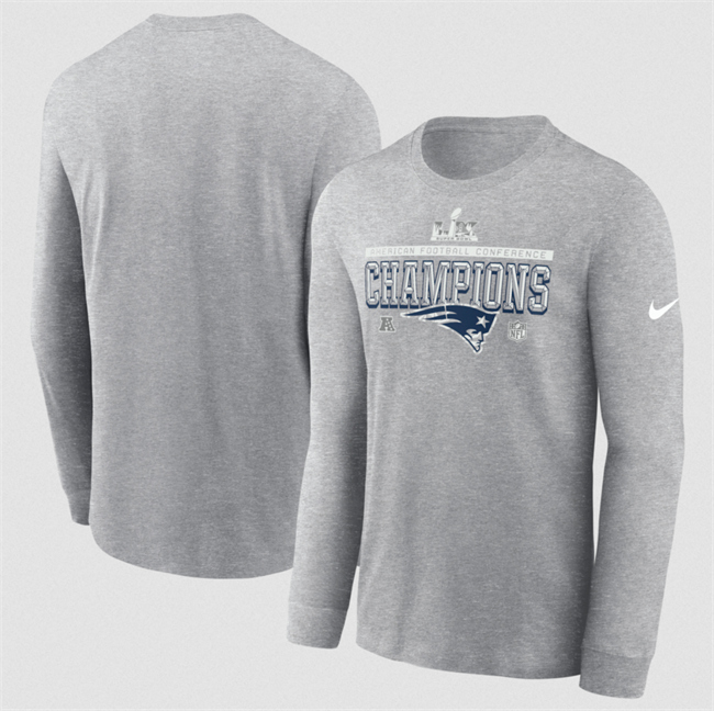 Men's New England Patriots Heather Gray 2025 AFC Champions Locker Room Trophy Collection Long Sleeve T-Shirt